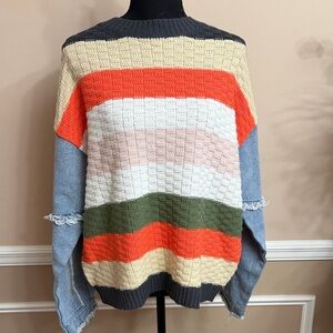 Multicolor Striped Knit Sweater with Denim Sleeve Detail